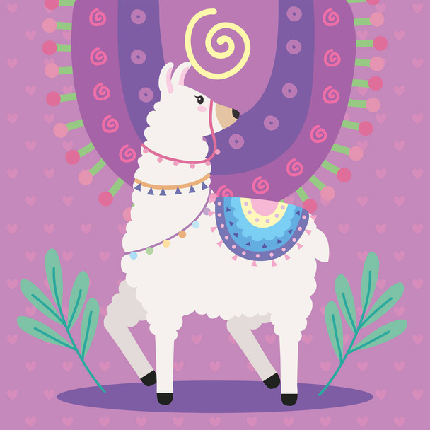 sweet llama with leafs character - Vector, Imagen
