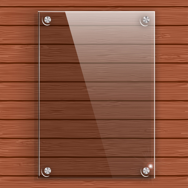 Glass plate on the background wall of wooden planks. - Vetor, Imagem