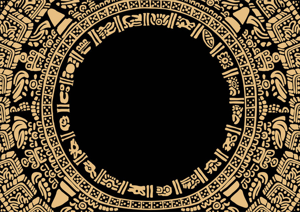 Rounded frames made of symbols of the Mayan calendar. Ancient Mayan ornament.  Images of characters of ancient American Indians.The Aztecs, Mayans, Incas. Ancient signs of America on a black background.  - Вектор, зображення