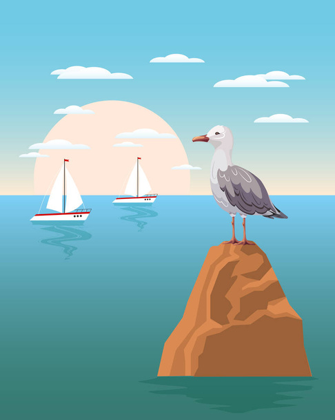 Прекрасная чайка на скале на фоне морского пейзажа с яхтами. Летняя иллюстрация, вектор - Вектор,изображение