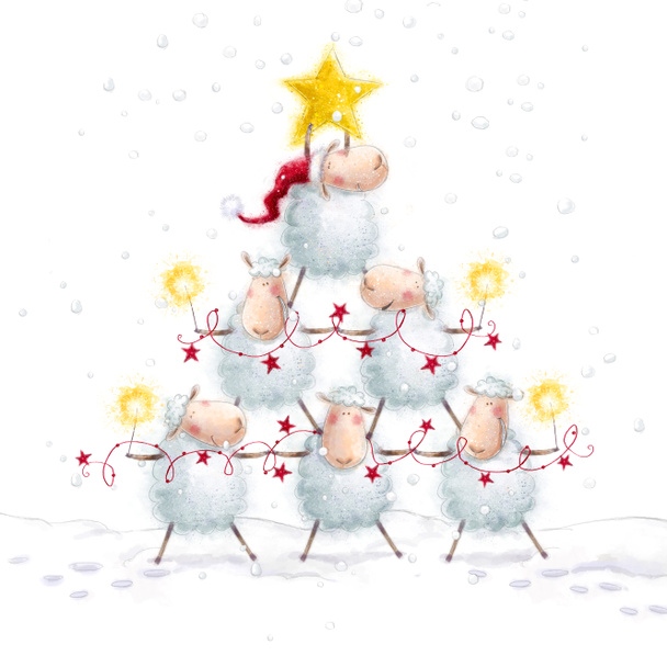 Christmas sheep.Christmas Tree with Star made of cute sheep.New Year greeting cards.Christmas background.Cartoon funny sheep with Bengal lights and festoon lights.Christmas illustration - Photo, Image