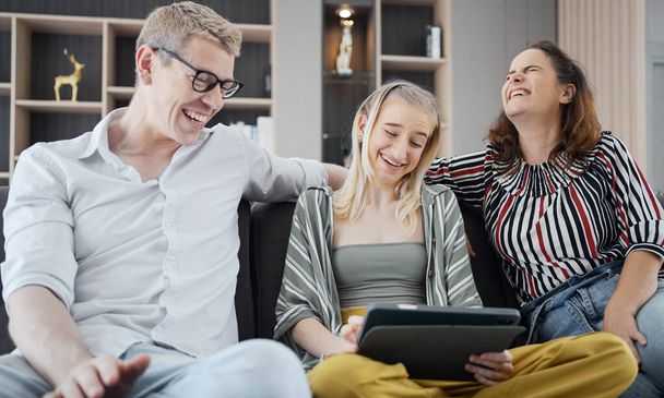 Happy caucasian family using tablet, laptop, phone for playing game watching movies, relaxing at home for technology lifestyle concept - Foto, immagini