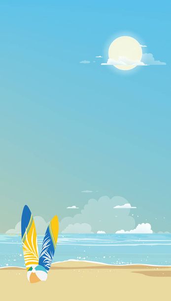Літній фон, морський пейзаж з серфінгом, м'яч на пляжному піску та блакитному океані з небом та хмарою. Векторний фон банер природа для Інтернету, Мобільний екран
 - Вектор, зображення