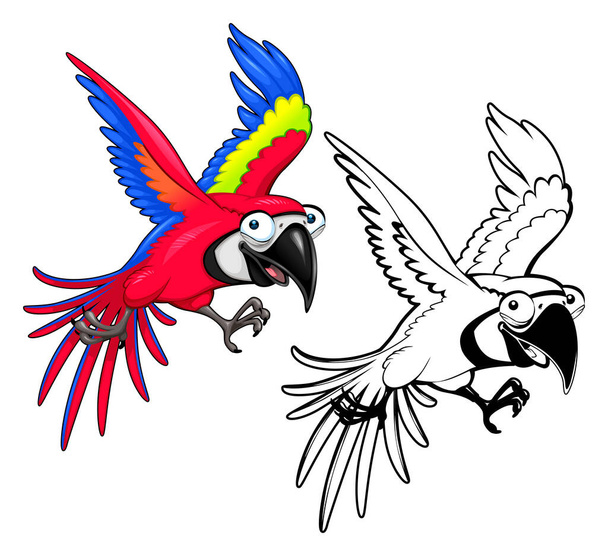 Funny parrot in both colored and black white versions. Vector cartoon isolated characters. - Vettoriali, immagini