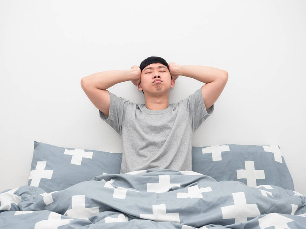 Man wake up at morning feeling headache white background - Photo, Image