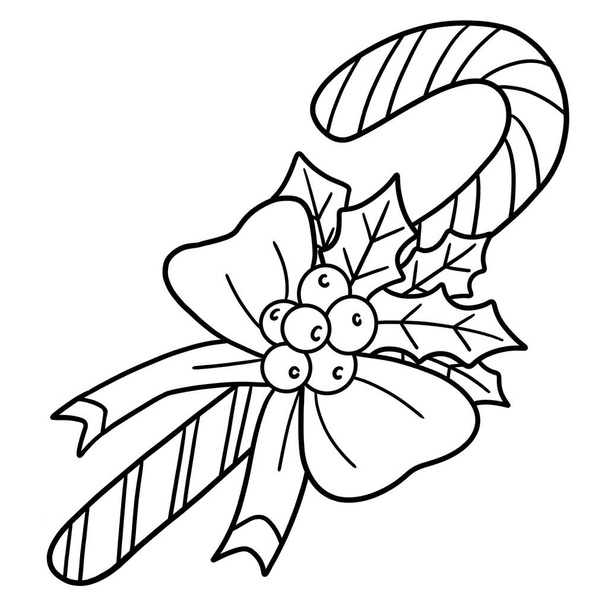 A cute and funny coloring page of a Christmas Candy Cane. Provides hours of coloring fun for children. To color, this page is very easy. Suitable for little kids and toddlers. - Vector, Image