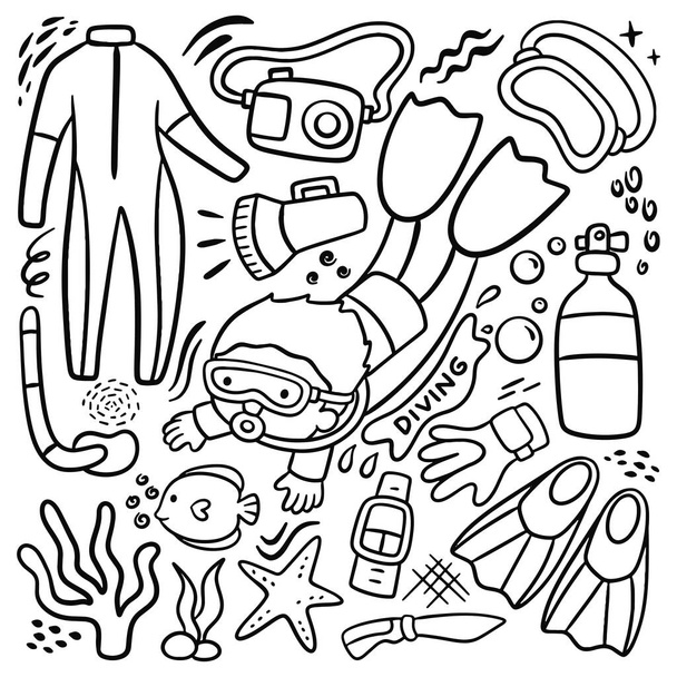 joukko erilaisia elämän, käsin piirretty doodle kuvia vedenalainen ja ranta. sukellus, urheilu, loma, - Vektori, kuva