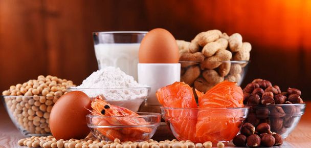 Composition with common food allergens including egg, milk, soya, peanuts, hazelnut, fish, seafood and wheat flour - Photo, Image