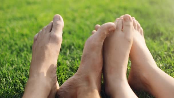4k video beelden van een onherkenbaar paar wrijven hun voeten tegen elkaar terwijl ontspannen op gras in het park. - Video