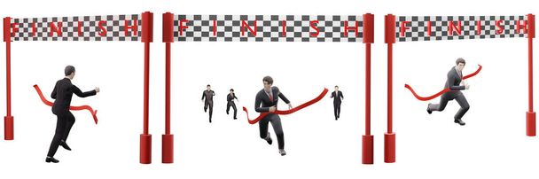 podnikatel běží na cílové čáře vítězství první cena úspěch sada zahrnovala 3D ilustrace izolované na bílém pozadí s výstřižkem cestu - Fotografie, Obrázek