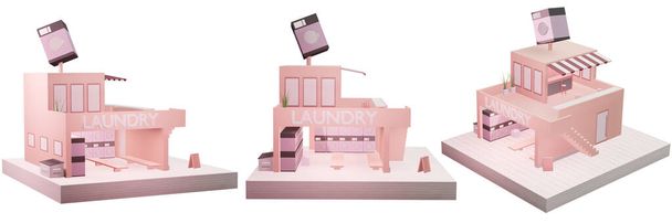 Praní prádla, mince-ovládané pračky Praní prádla karikatura model sada zahrnuty 3d ilustrace izolované na bílém pozadí s výstřižkem cesta - Fotografie, Obrázek