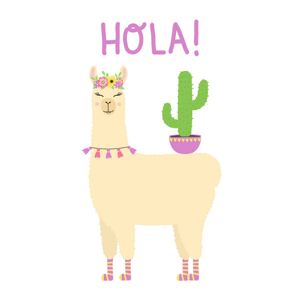 Cute llama standing with cactus. Cartoon alpaca with flower crown and hand drawn text Hola. - Vettoriali, immagini