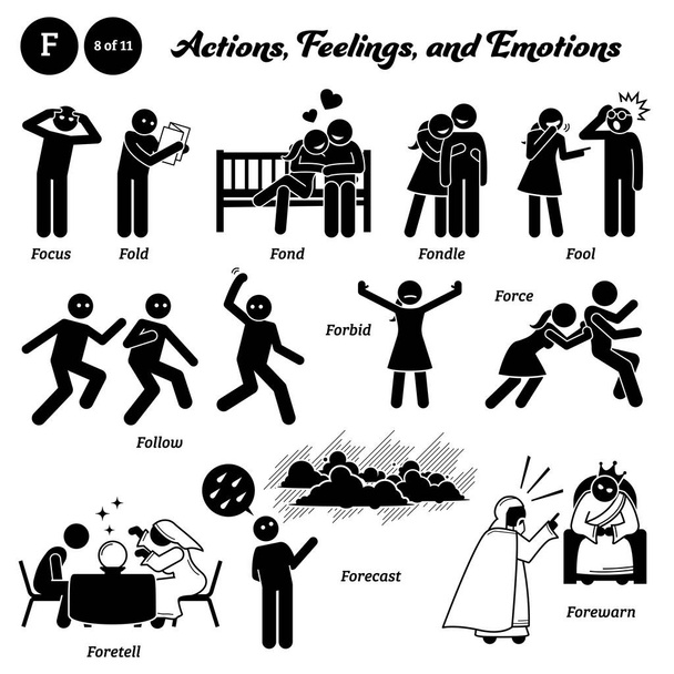 Stick figure human people man action, feelings, and emotions icons alphabet F. Focus, fold, fond, fondle, fool, follow, forbid, force, foretell, forecast, and forewarn.  - Vector, Image