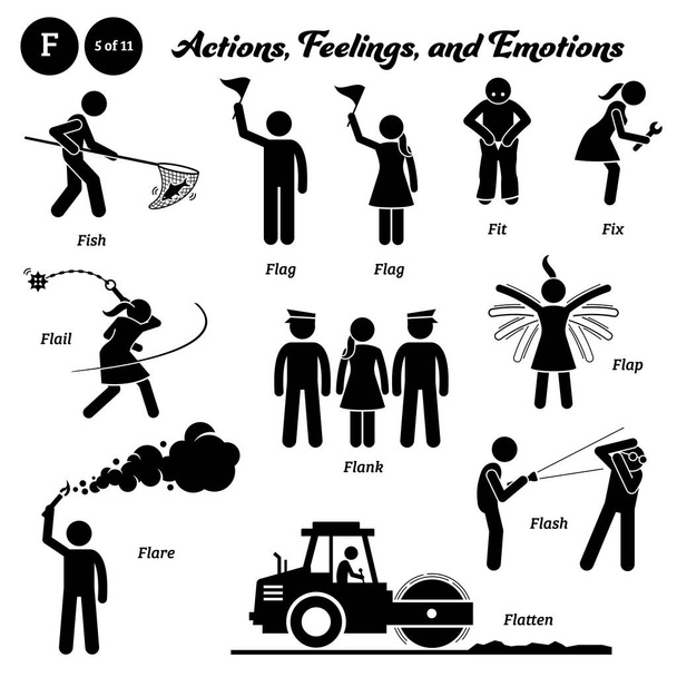 Stok figuur mensen mens actie, gevoelens en emoties pictogrammen alfabet F. Vis, vlag, fit, fix, flail, flank, flap, flare, flash, en plat.  - Vector, afbeelding