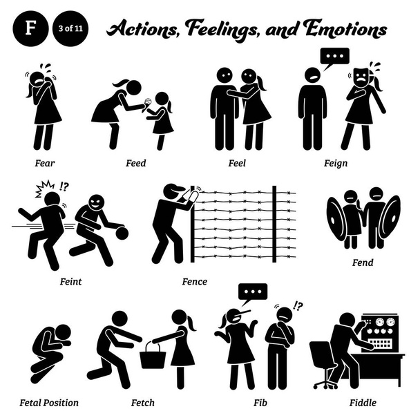 Stick figure human people man action, feelings, and emotions icons alphabet F. Fear, feed, feel, fign, feint, fence, fend, fetal position, fetch, fib, and fiddle.  - Вектор,изображение