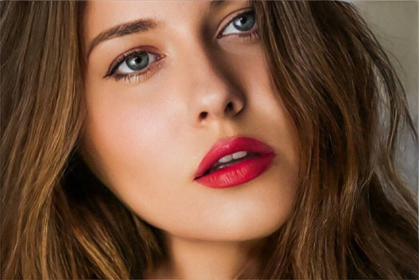 Beauty, makeup and skincare cosmetics model face portrait, beautiful woman with red lipstick make-up, suntanned bronze glowing skin concept - Foto, immagini
