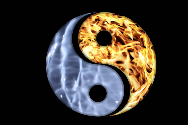 Fire and water resembling Yin Yang symbol on black background. Feng Shui philosophy - Φωτογραφία, εικόνα