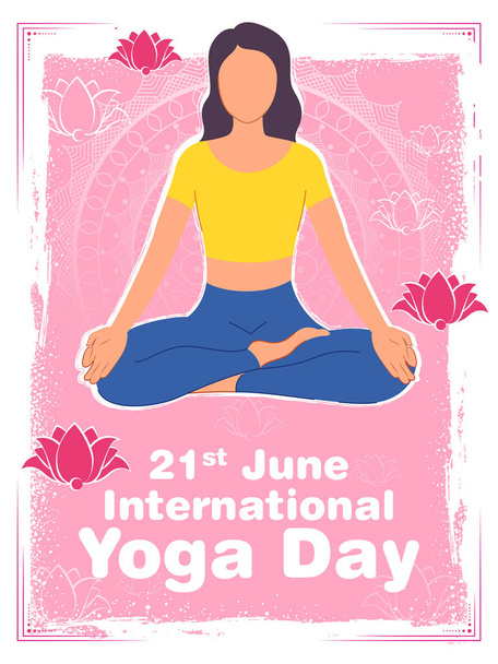 kuvitus naisesta tekemässä asana- ja meditaatioharjoitusta kansainvälisenä joogapäivänä 21. kesäkuuta - Vektori, kuva