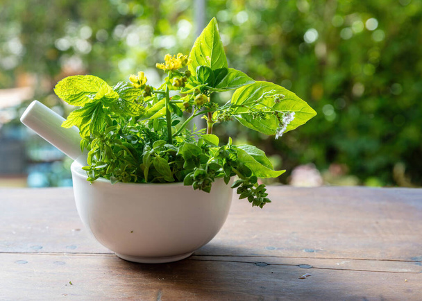 Fresh herbs in a mortar, herbal medicine, alternative healing. Mint, rosemary, basil and thyme aromatic leaves, on a kitchen table. Nature medical and health - Photo, Image