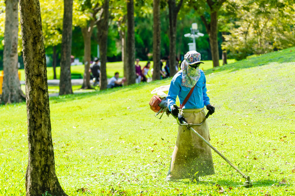 lawn mower worker man cutting grass in green field park - Foto, afbeelding
