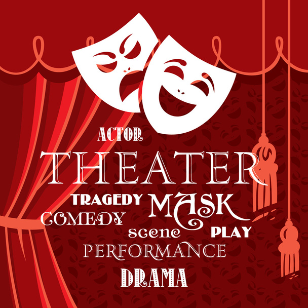 Theater curtains with masks and title in different fonts - Vetor, Imagem