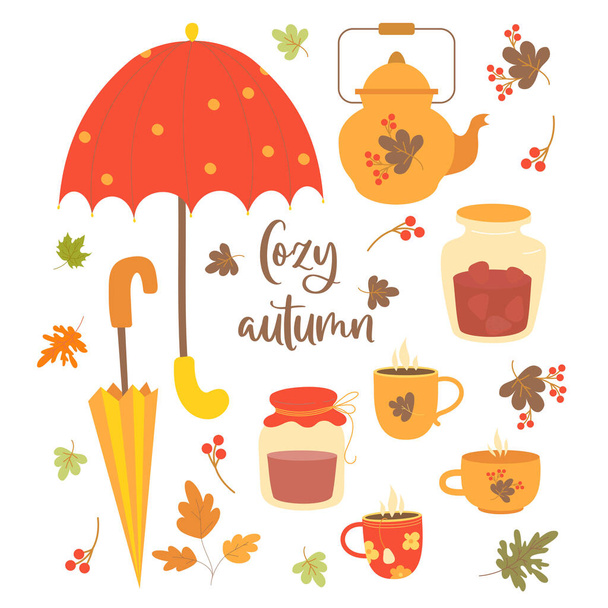 Acogedor otoño. Deliciosa mermelada de fresa en frasco, tetera, tazas y té caliente, paraguas y hojas de otoño. Ilustración vectorial. elementos aislados para el diseño y la decoración de otoño, tarjetas e impresión  - Vector, Imagen