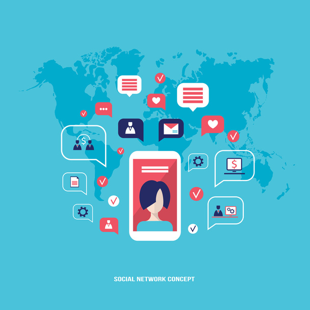 Concepto de red social Teléfono móvil inteligente con burbujas de voz e iconos de negocios Elementos infográficos
 - Vector, Imagen