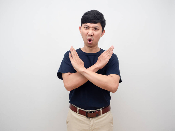 Portrait young man cross arm say no angry emotion studio shot white background - Photo, Image