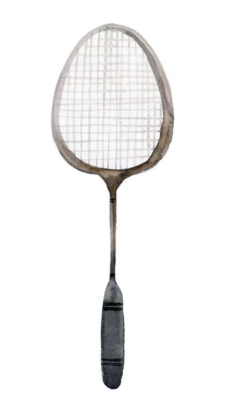 Watercolor black badminton racket isolated on a white background - 写真・画像