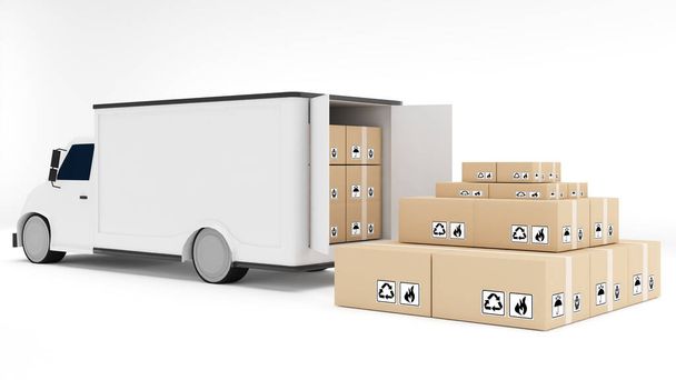 4 Wheeler szállító jármű csomagoló dobozok fehér háttér, személyszállítás, 3d renderelés - Fotó, kép