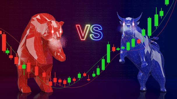 A csata a medve piac vagy a bika piac, üzleti finanszírozás és befektetés, medve és bika fekete alapon, 3D-s renderelés - Fotó, kép