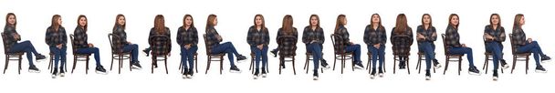 line group of same woman sitting on chair on white background - 写真・画像