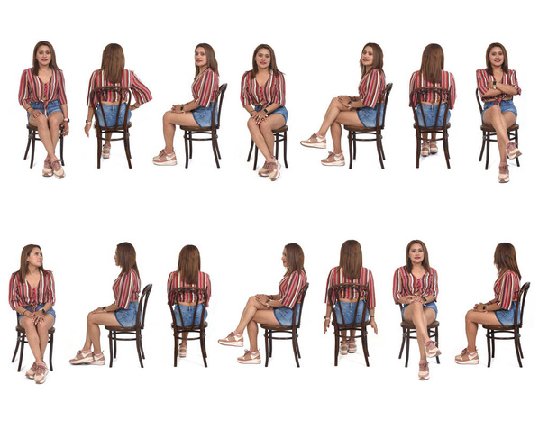 retratos de la misma mujer sentada en varias poses sobre fondo blanco - Foto, Imagen