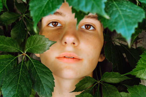 Cropped view of girl with age spots posing with green leaves. face of young woman close-up with coral lips. young woman with brown eyes. Fashion portrait of brunette in wild leaves (grapes), natural background. - Fotoğraf, Görsel