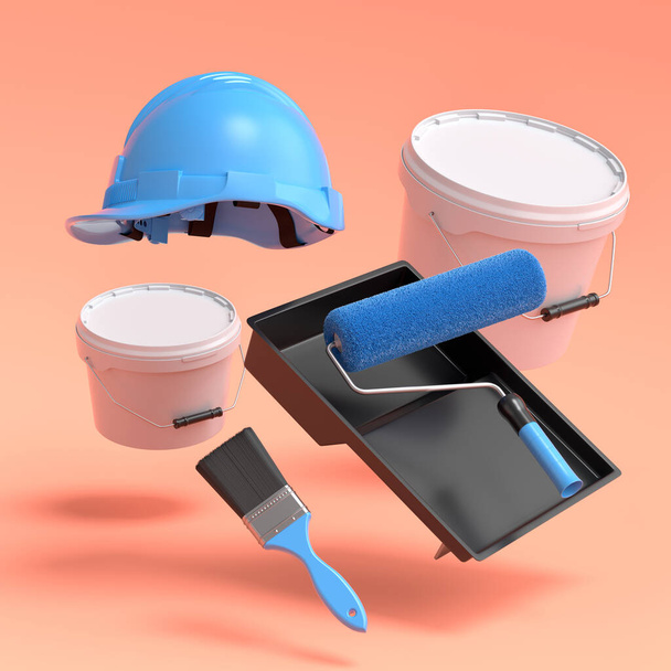 Set of flying safety helmet, bucket, tray with paint rollers and brushes for painting walls on orange background. 3d render of renovation apartment concept and interior design - Fotoğraf, Görsel