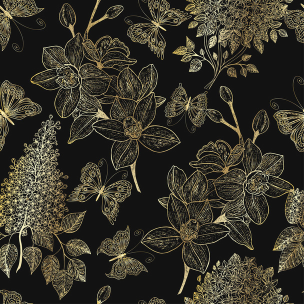 seamless pattern with hand drawn flowers. vector illustration - Vetor, Imagem