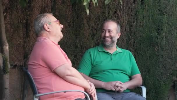 Positive middle aged men in casual clothes looking at each other while having conversation on backyard with trees on summer day - Filmagem, Vídeo