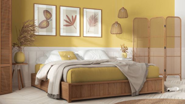 Wooden scandinavian bedroom in white and yellow tones. Double bed with blankets. Wall panel and parquet floor, carpet.Rattan folding screen and lamps. Interior design - Фото, зображення