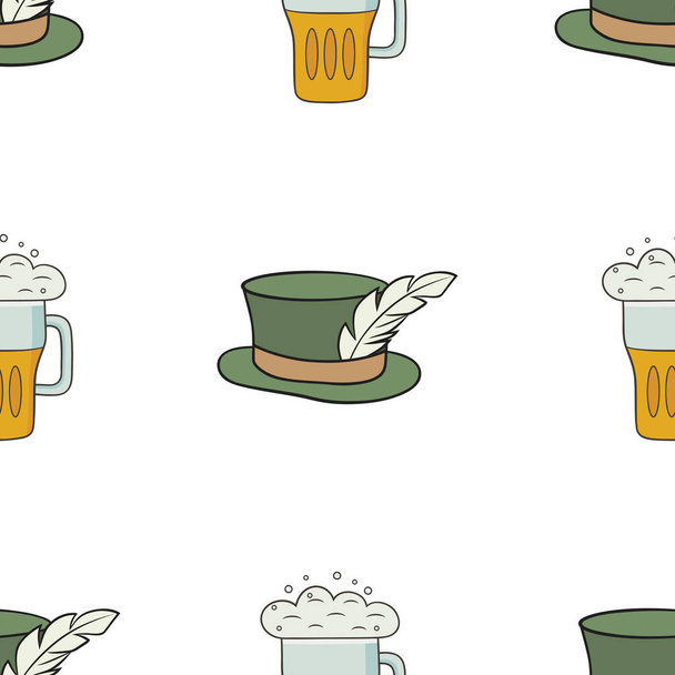 Octoberfest. Bear festival. Vector graphic seamless pattern with glasses of beer, various hats - Vecteur, image
