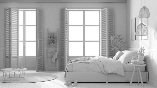 Общий белый проект, деревянная современная фермерская спальня. Двуспальная кровать с одеялами. Окна с жалюзи и паркетным полом, ковры и декоры, балки потолка. Дизайн интерьера - Фото, изображение