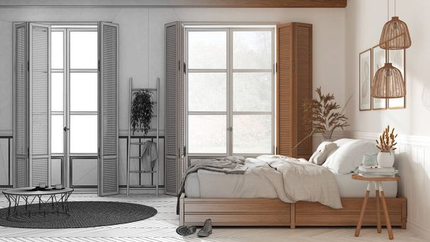 Architect interior designer concept: hand-drawn draft unfinished project that becomes real, farmhouse bedroom. Double bed with blankets. Windows with shutters, beams ceiling - Photo, Image