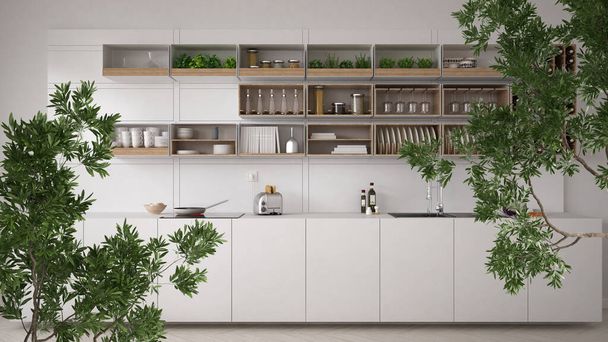 Green summer or spring leaves, tree branch over interior design scene. Natural ecology concept idea. Modern white kitchen with cabinets and shelves. Minimalist interior design - Zdjęcie, obraz