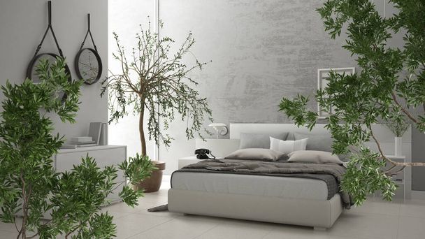 Green summer or spring leaves, tree branch over interior design scene. Natural ecology concept idea. Contemporary bedroom with concrete walls and decors. Interior design - Foto, Imagem