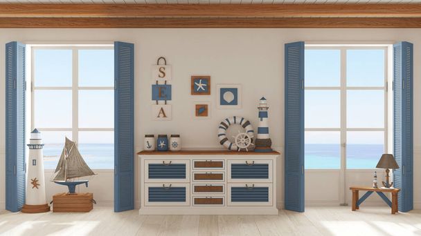 Marine style, living room with wooden and rattan chest of drawers in white and blue tones. Panoramic windows with sea landscape. Parquet floor. Nautical interior design - Foto, Bild