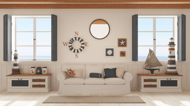 Marine style, living room with sofa and carpet in white and gray tones. Panoramic windows with sea landscape. Parquet and beam ceiling. Nautical interior design - Fotoğraf, Görsel