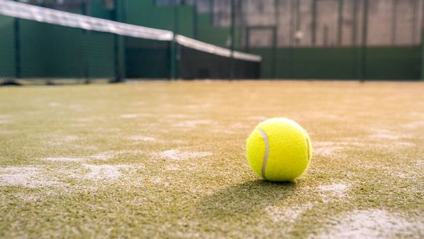 Palla gialla sul pavimento dietro rete da paddle in campo verde all'aperto. Padel tennis è un gioco di racchette. Concetto sportivo professionale - Foto, immagini