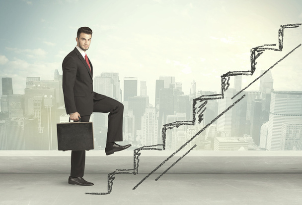 Business man climbing up on hand drawn staircase concept - Photo, Image
