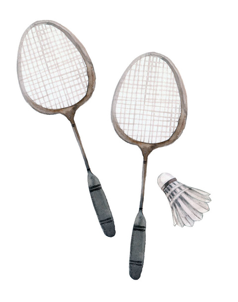 Watercolor badminton rackets and feather shuttlecocks isolated on white background - Foto, Imagen