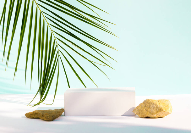 Background for cosmetic products. Modern product display on blue background with stone podium and tropical palm leaf. Suitable for Product Display and Business Concept. - Foto, Bild
