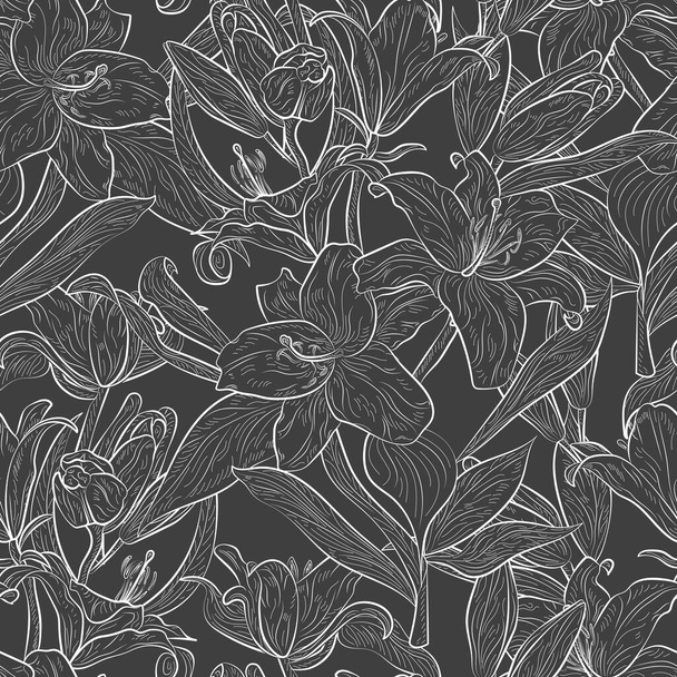 vector lily seamless pattern with flowers and leaves. - Wektor, obraz